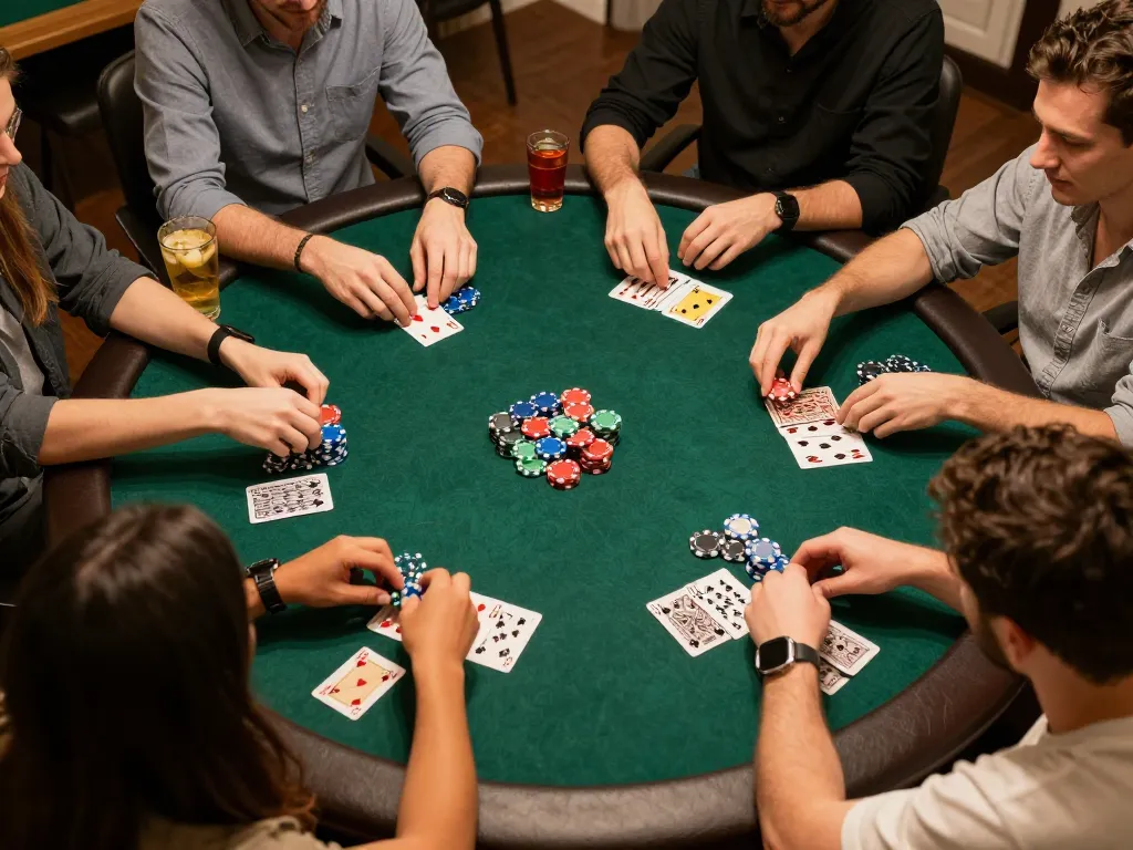 Engaging players during a friendly home poker game showcasing เว็บตรงสล็อต with colorful chips and cards.