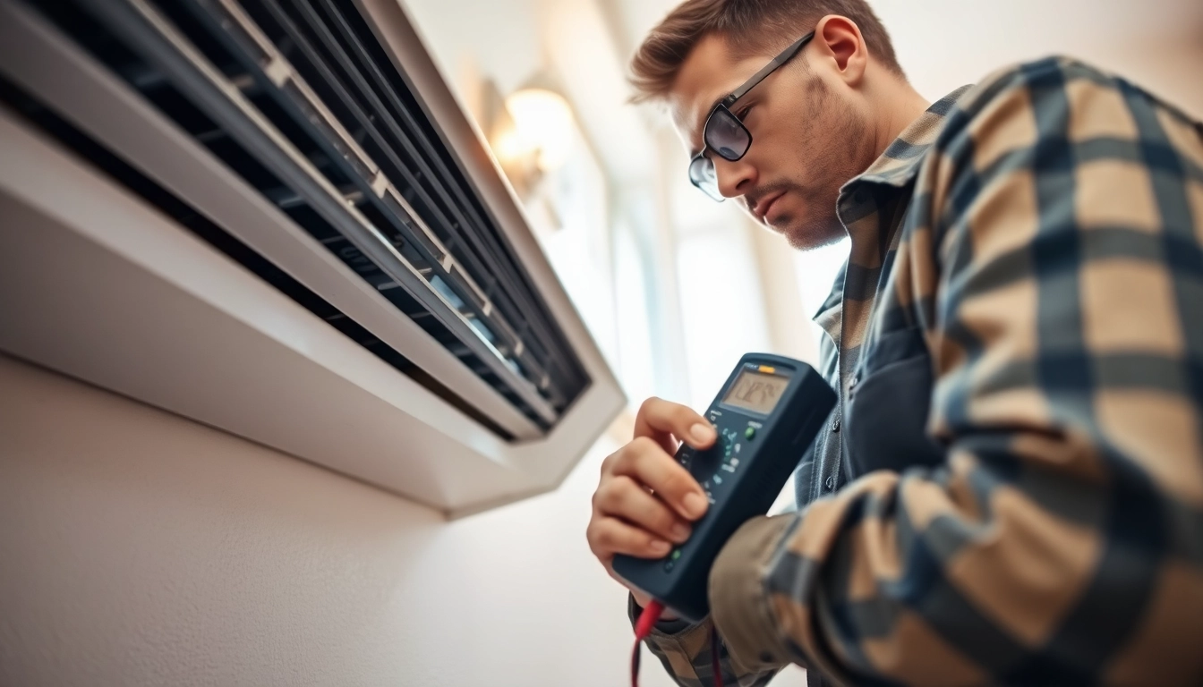 HVAC Repair Tampa technician examining an air conditioning unit with precision in a bright setting.