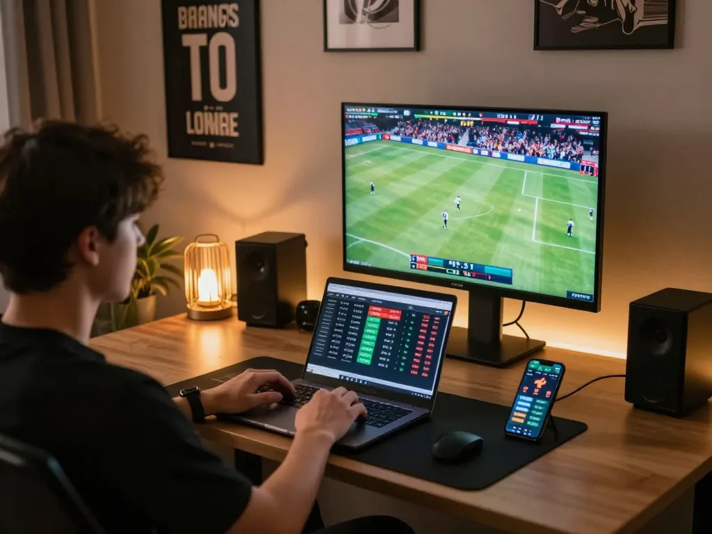 Active kqbd sports betting session featuring a user engaged in live betting on a laptop, creating a focused atmosphere.