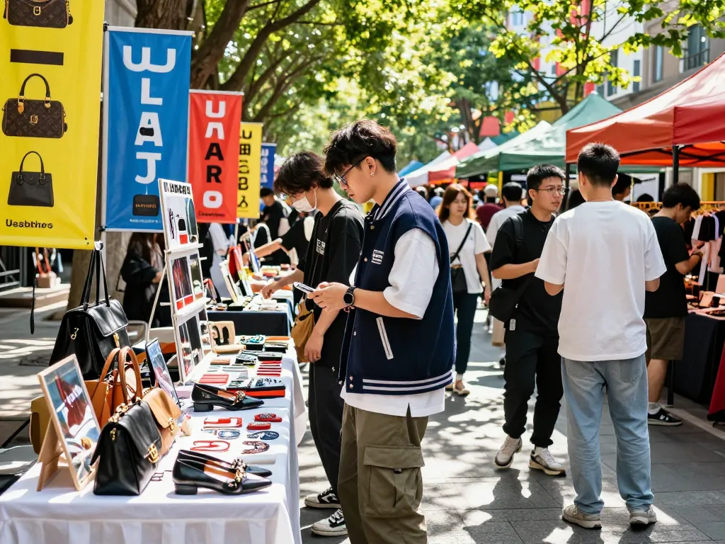 Shoppers exploring high-quality 레플리카 쇼핑몰 products in a vibrant urban market.