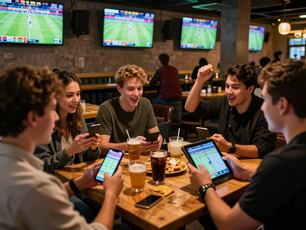 king33 players actively engaging in sports betting at a lively social bar, with friends discussing strategies
