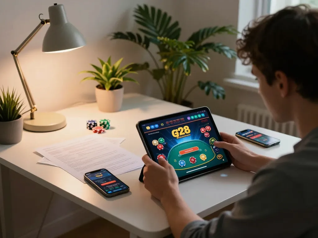 g28 player engaging in online casino gaming at a stylish home setup with poker strategy notes