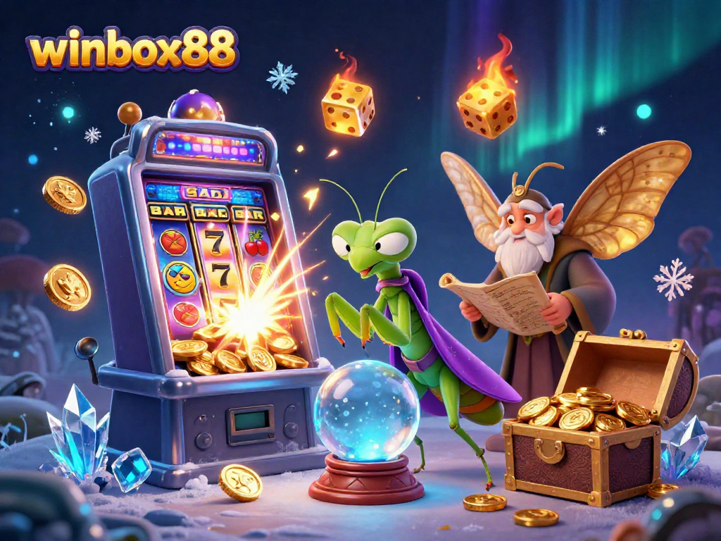 Immerse in winbox88's vibrant casino games with a dynamic illustration of rich gaming elements and fortune tellers.
