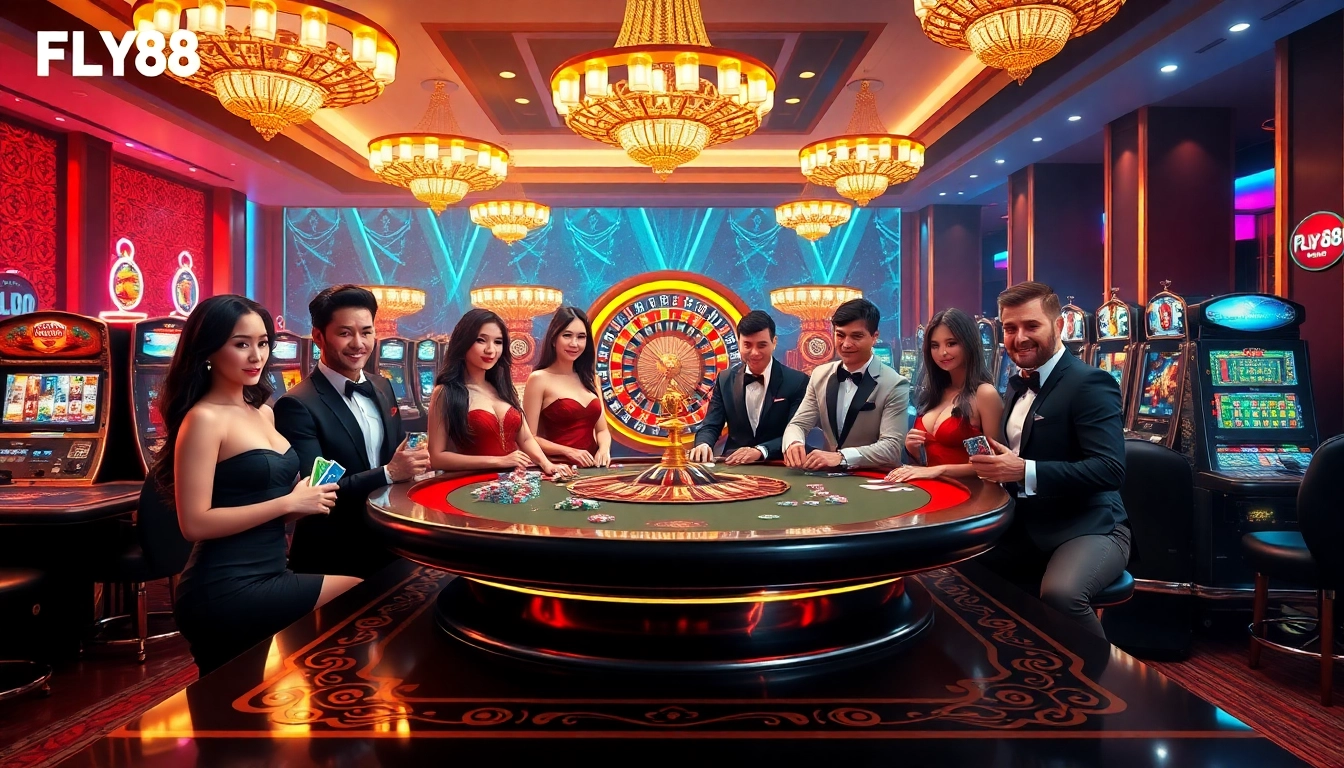Experience high-stakes excitement with FLY888 in a luxurious casino setting featuring poker tables and roulette wheels.