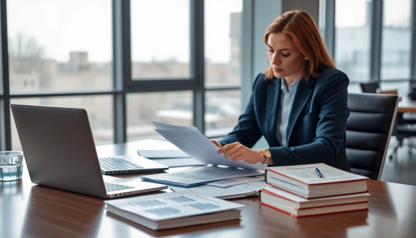 Consultant analyzing FCPA/DCAA/Flowdown/ITAR/EAR compliance documents in a modern office.