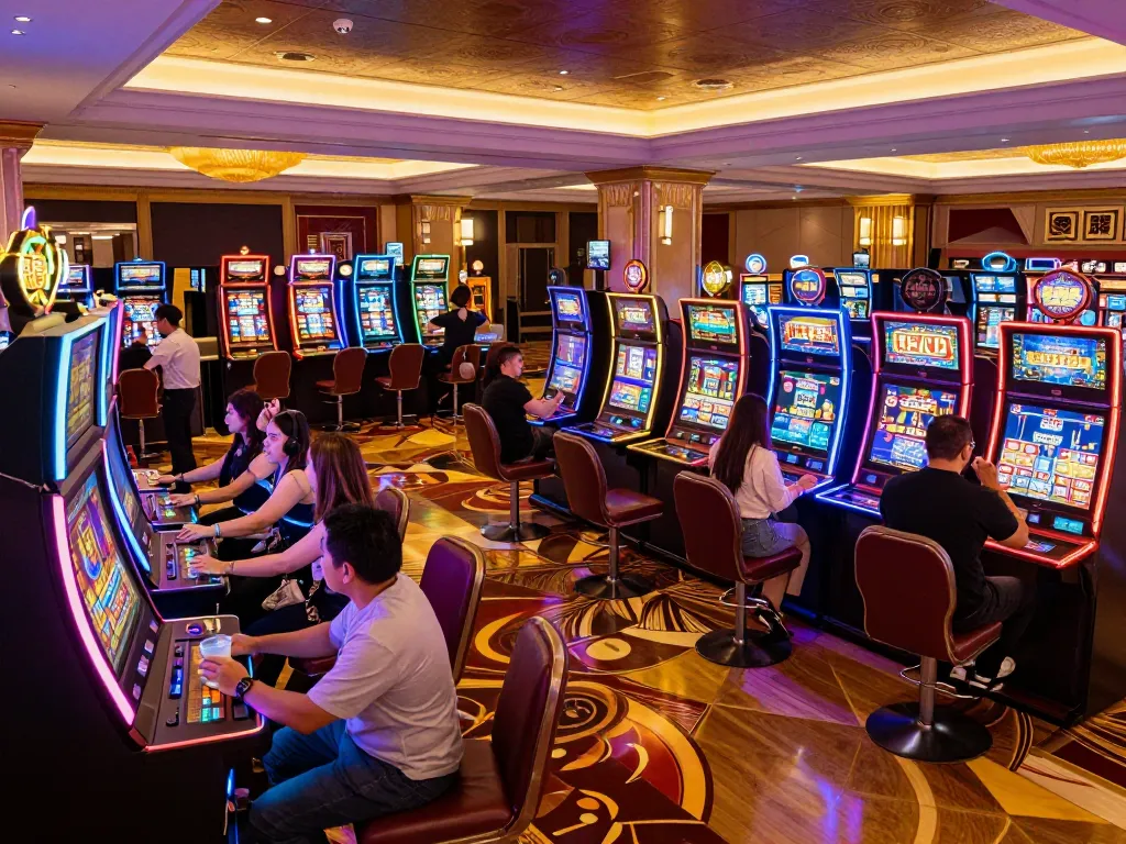 Players enjoying vibrant slot machines at fb88, celebrating wins in an elegant casino.