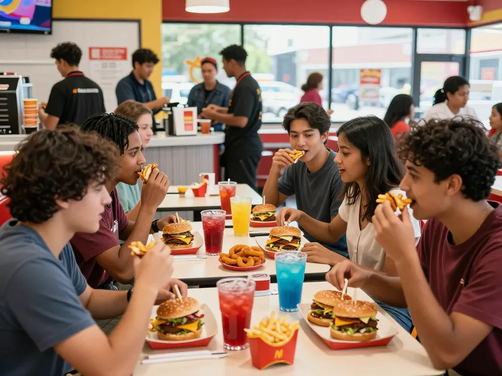 Group of friends enjoying a fast food menu with burgers and fries in a lively restaurant