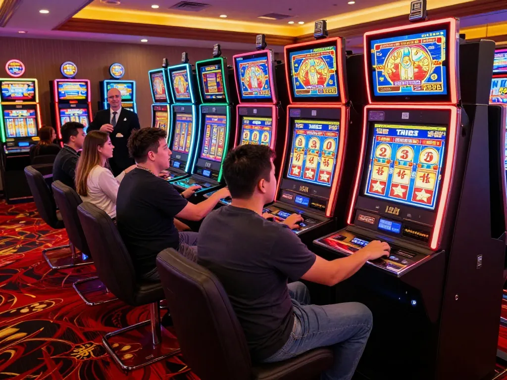 Players enjoying the excitement of slot server thailand at vibrant casino machines, bright lights, and engaging atmosphere.