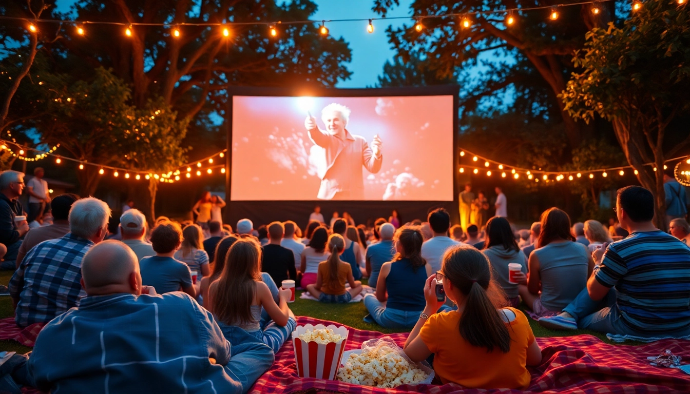 Enjoy ดูหนังออนไลน์ at a vibrant outdoor movie night with friends and family under warm fairy lights.