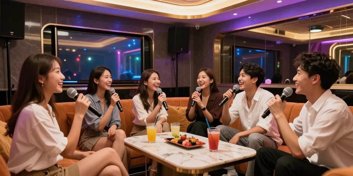 강남 가라오케에서 즐거운 시간을 보내는 젊은 전문직 사람들