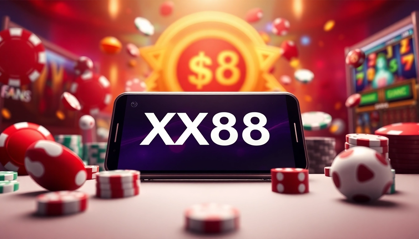 Experience the excitement of XX88's engaging mobile gambling platform with vibrant casino graphics.