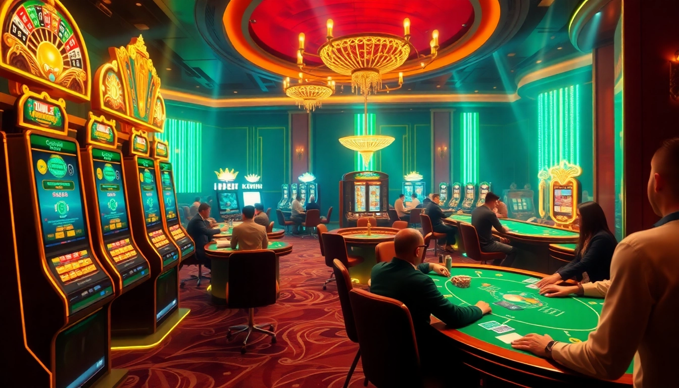Kuwin.com offers a dynamic online gambling experience featuring vibrant casino elements like poker tables and roulette.