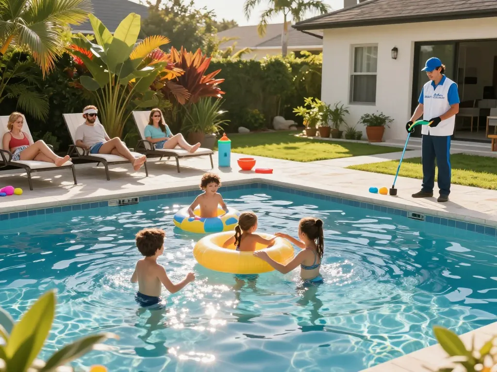 Dolphin Pool Services team member checking pool while family enjoys summer fun by the water.