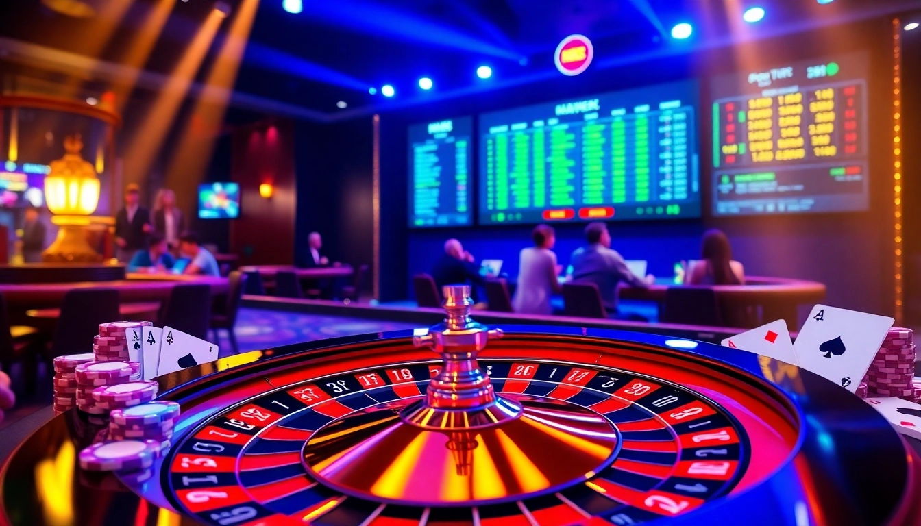 Exciting MK8 online gambling scene with roulette wheel and poker chips in a luxurious casino atmosphere.