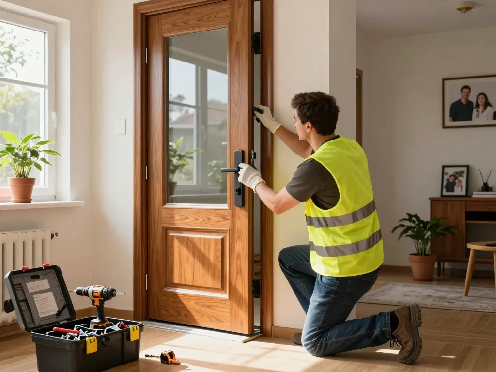 Installation einer modernen Nebeneingangstür durch einen Schreiner, der Werkzeuge und Wohnraum präsentiert.
