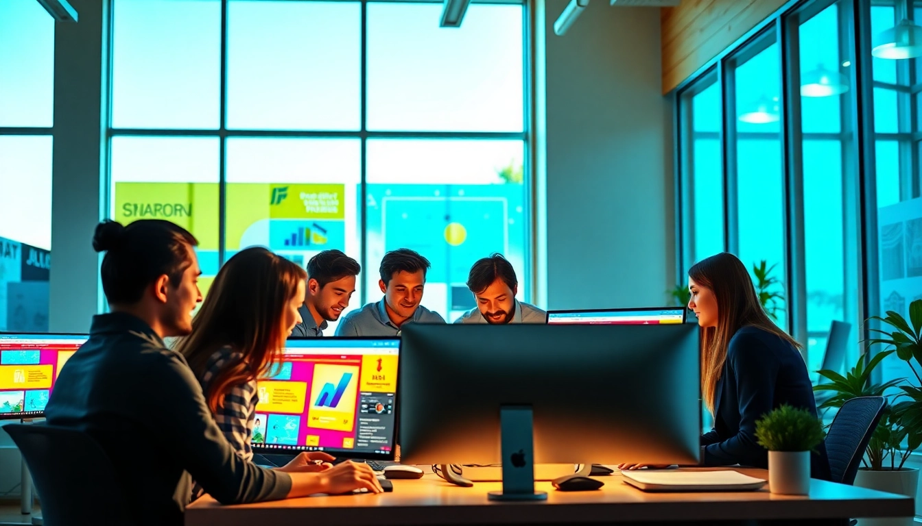 Engaged designers collaborating on edmonton web design projects in a modern office.