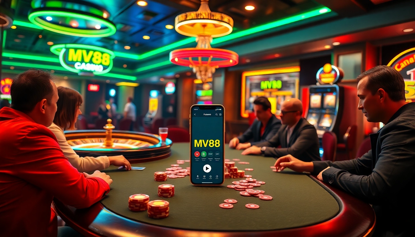 Players at a poker table experience thrill while betting with MV88 gaming tools in an upscale casino.