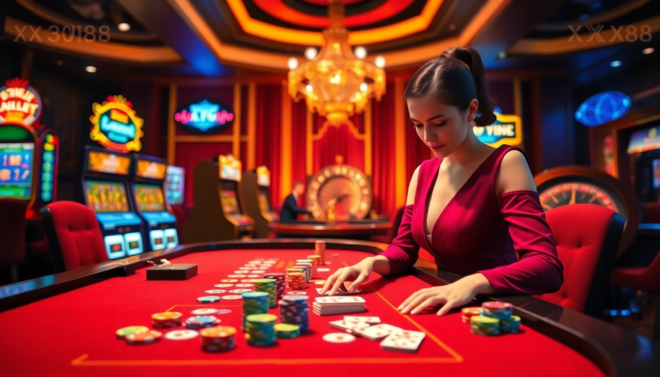 Experience the thrilling gameplay at nhà cái XX88 with vibrant casino scenes and luxury elements.