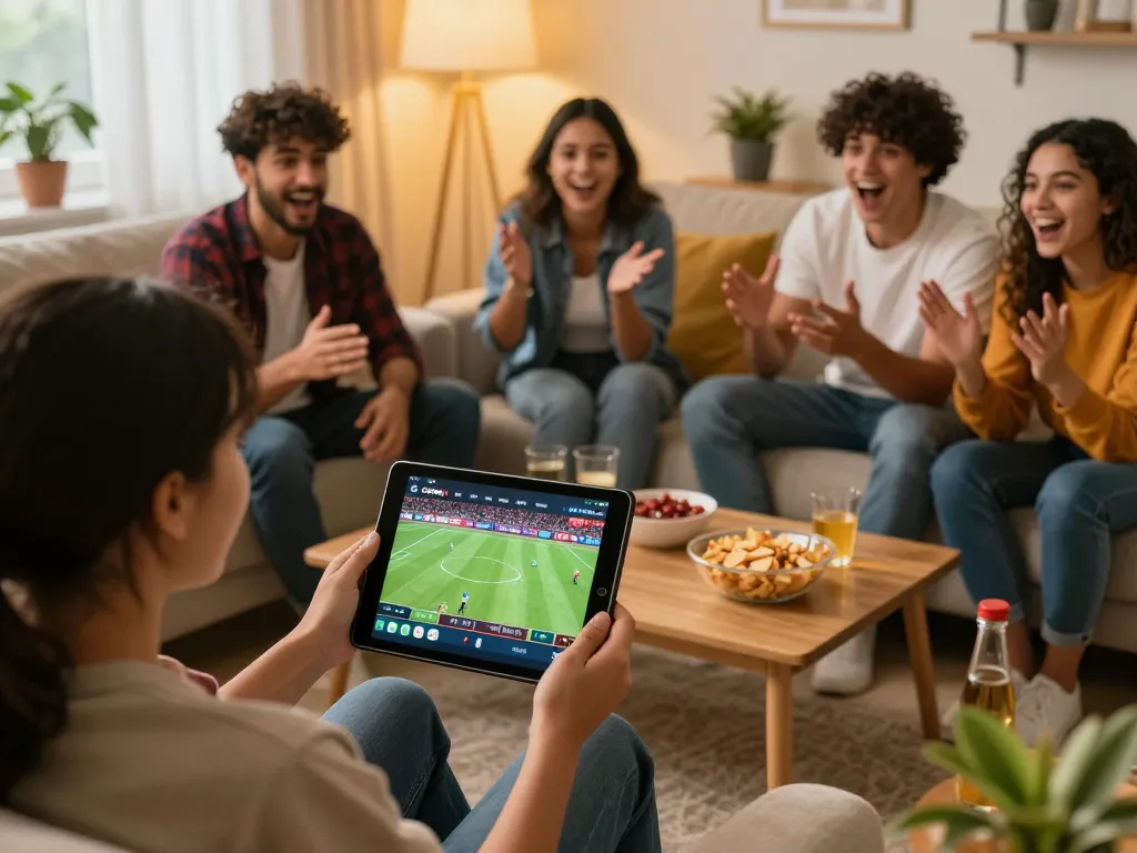 Cakhiatv streaming football live on tablet with friends enjoying the match atmosphere.