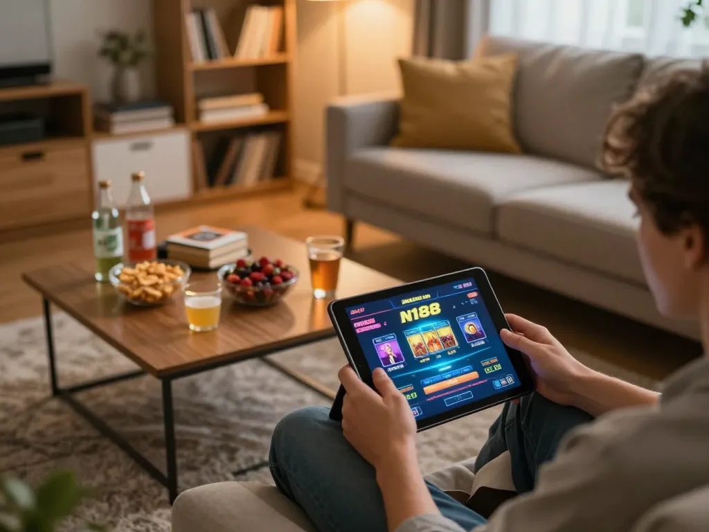Person enjoying online gaming at N188 com on tablet in cozy living room