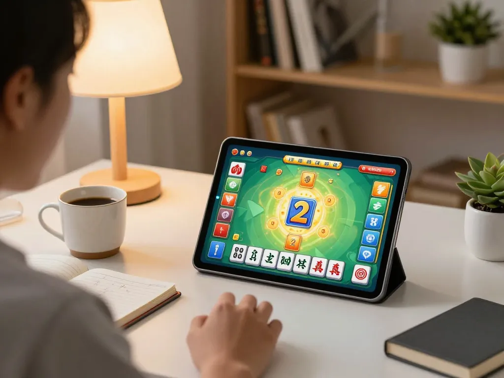 Gameplay interface of Mahjong Ways 2 displayed on a tablet in a cozy home setting with a player engaged.