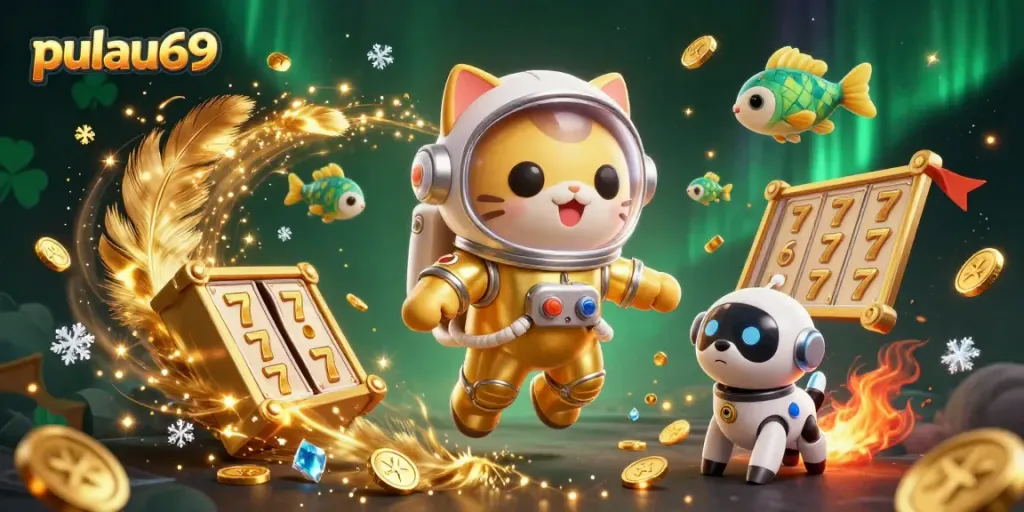 Engage with pulau69 on an interactive adventure featuring slot reels and a vibrant space theme.