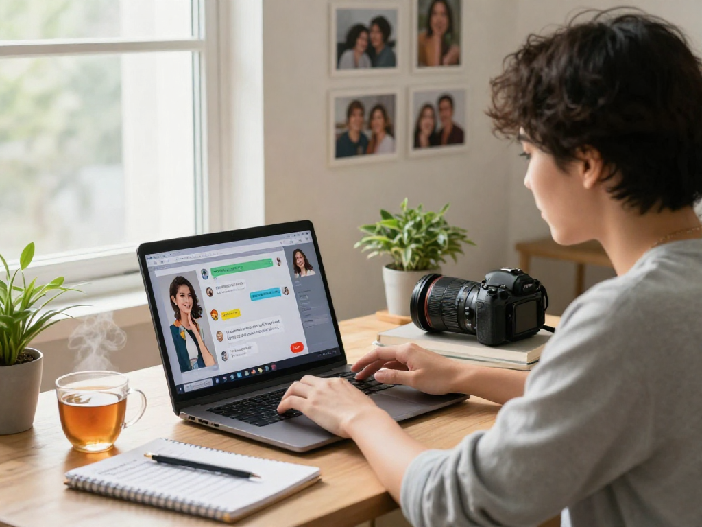 Engaging with girlfriend AI in a cozy home office environment, showcasing technology and personal connection.