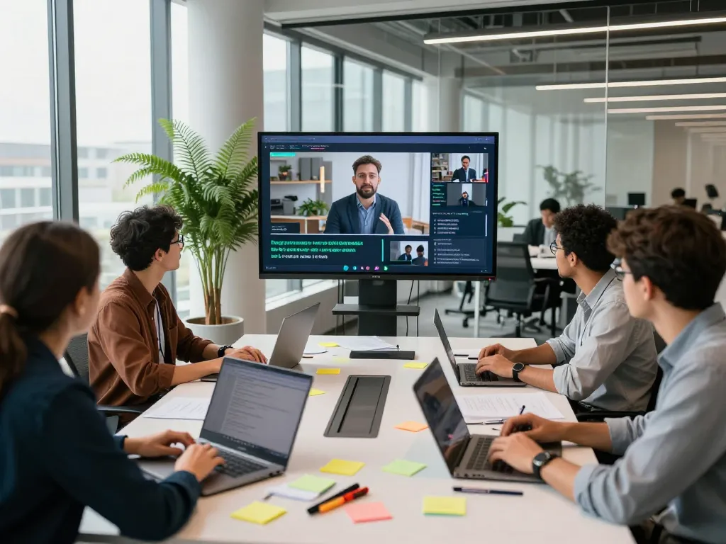 Team analyzing video to prompt results in a modern office, showcasing collaboration and innovation.