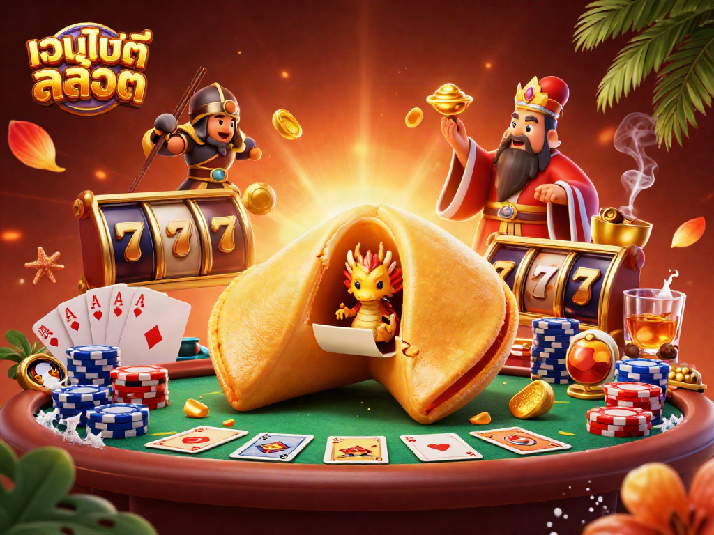 Experience the thrill of เว็บไซต์สล็อต through a vibrant scene of fortune and fortune cookies.