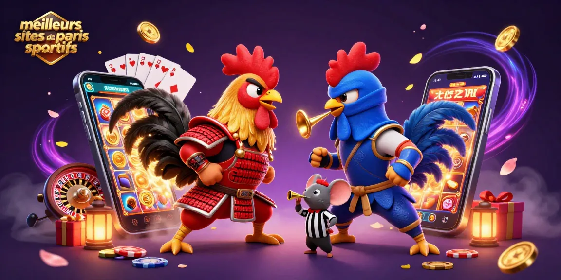 Jouez sur les meilleurs sites de paris sportifs avec une illustration dynamique de coqs combattants et des éléments de jeu.