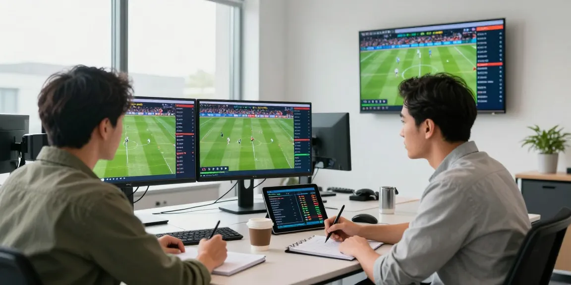 Tỷ lệ kèo analysis in a modern office with live sports data displayed.