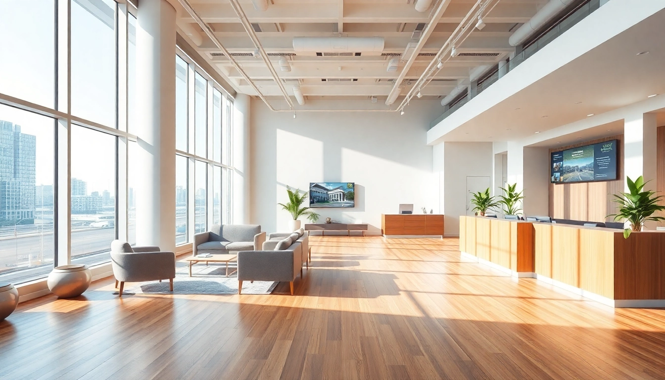 Real Estate office interior featuring natural lighting and modern design elements.