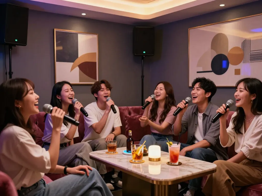 Engaging karaoke night experience at gangnamtune.com with stylish decor and vibrant atmosphere.