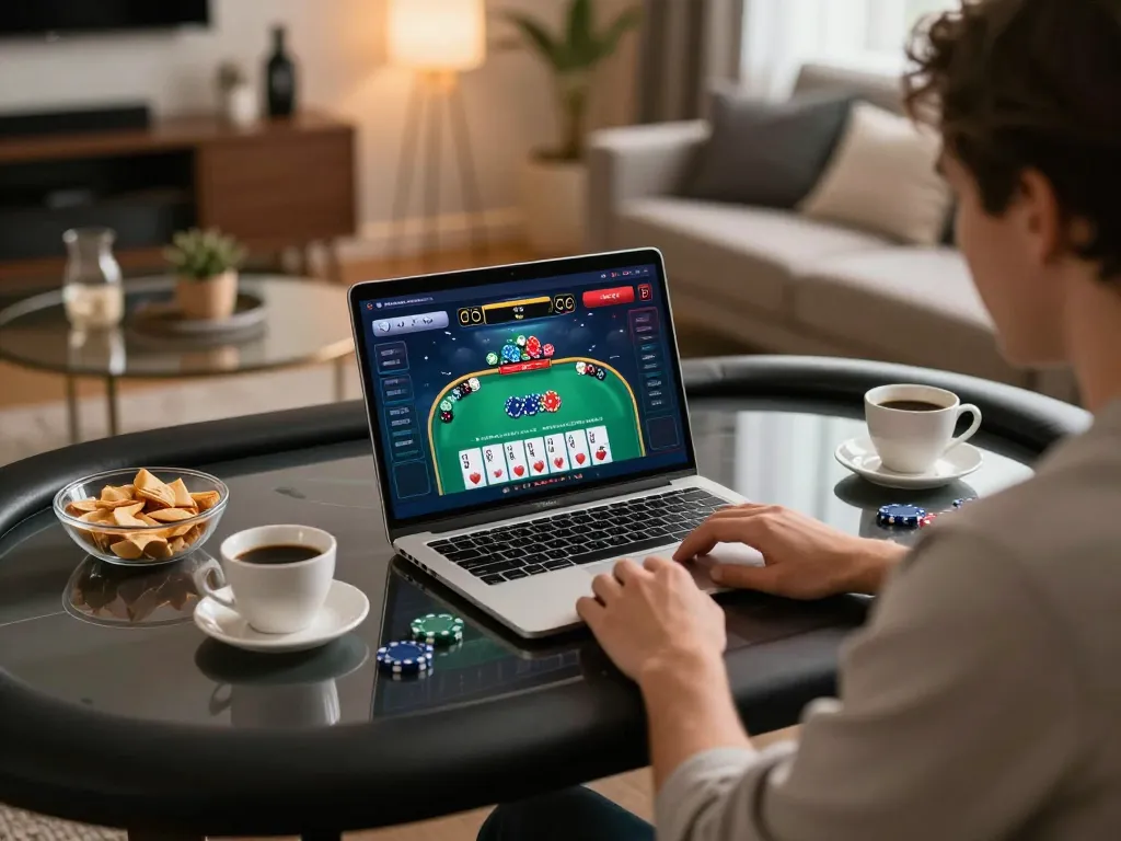 Player enjoying da88 online casino game on laptop in cozy setting, showcasing strategic gameplay.
