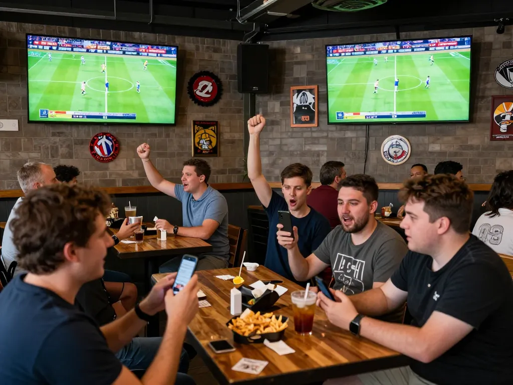 Fans engaging in lively sports betting at an outdoor bar with keonhacai 5 games featured prominently