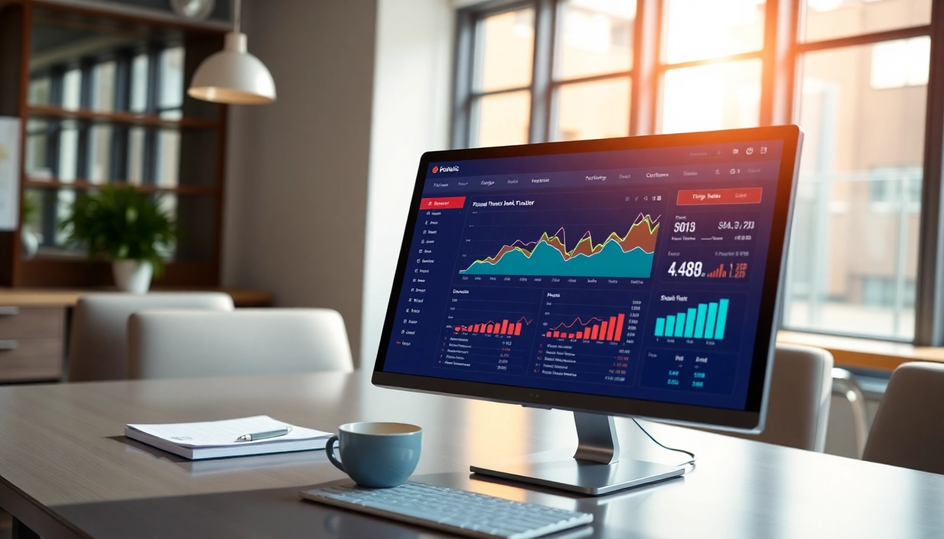 Analyze your rankings with an SEO Rank Tracker showing detailed statistics in a modern office.