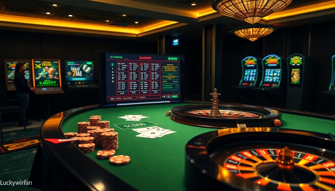 Engage with thrilling casino games at https://luckywin.fan/ with vibrant tables, poker chips, and dynamic screens.