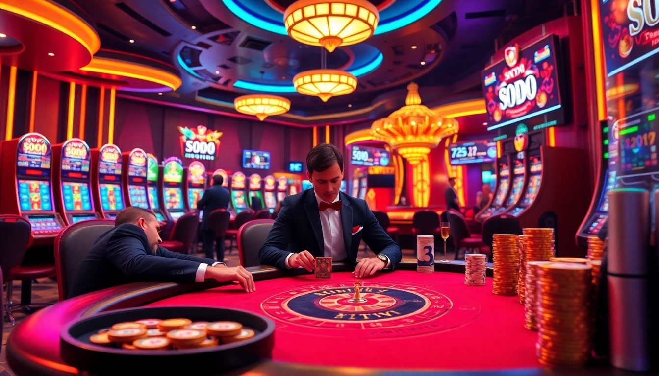SODO Casino scene showing players at a poker table with vibrant slot machines and roulette wheels