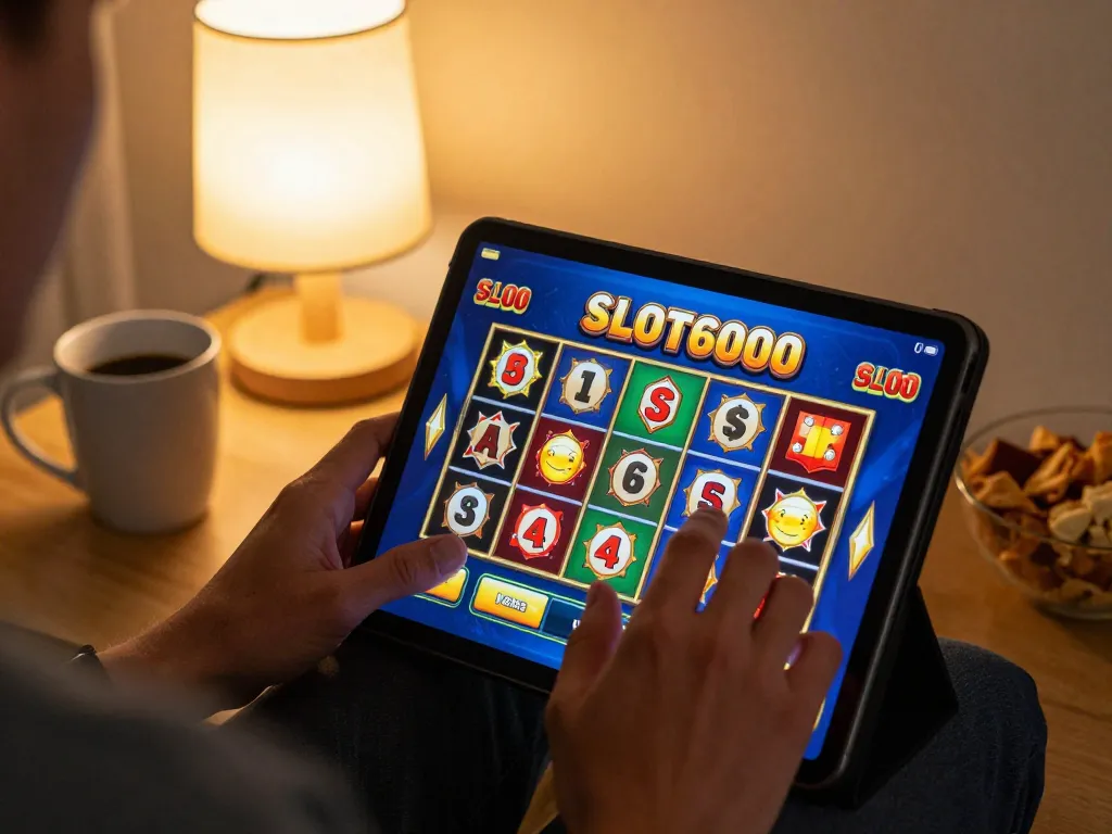 SLOT6000 player enjoying an engaging online slot game on a tablet in a cozy home setting