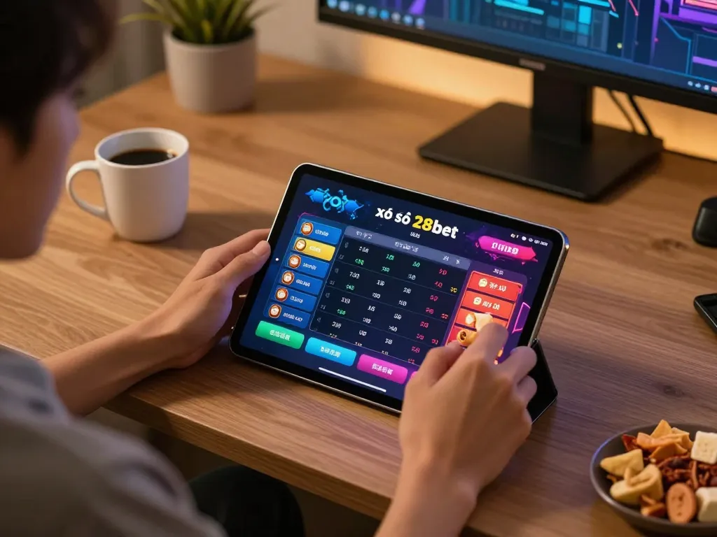 Engaging in xổ số 28bet mobile gaming with vibrant interface displayed on tablet during cozy home setting
