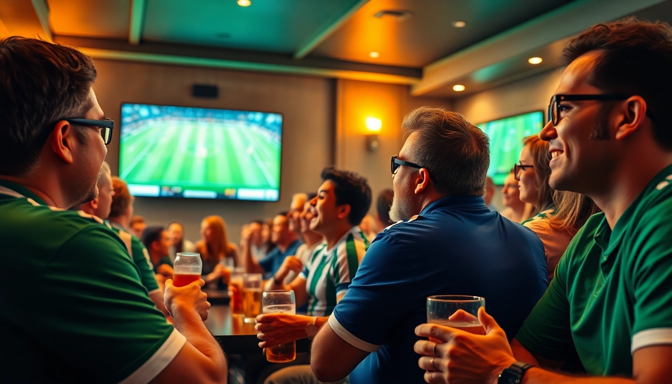 Exciting scene of fans enjoying a live broadcast on 토토티비 in a cozy sports bar, showcasing community and excitement.