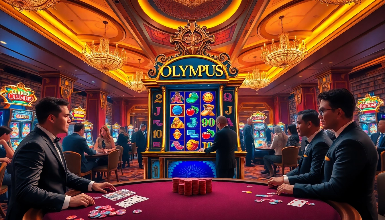 Gamblers enjoying the thrilling Olympus slot machine in an elegant casino setting.