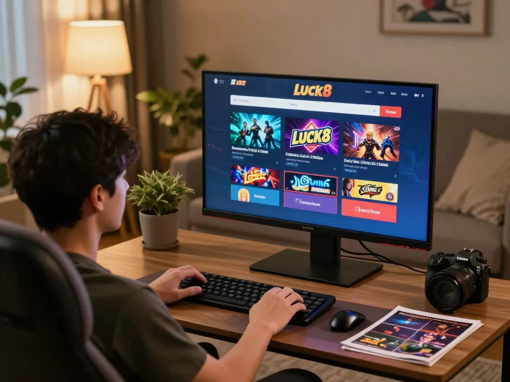 Luck8 player engaging with online casino games on a tablet in a cozy home setting.