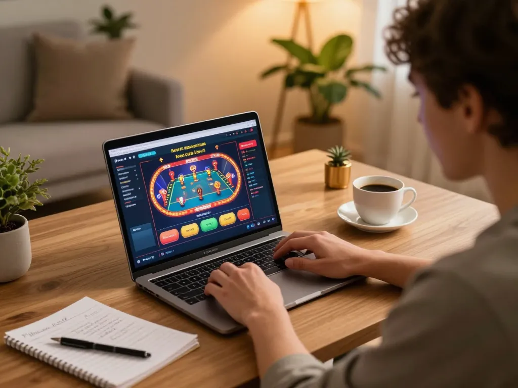 Engaged player exploring sites not on Gamstop at a stylish home desk with casino game interface.