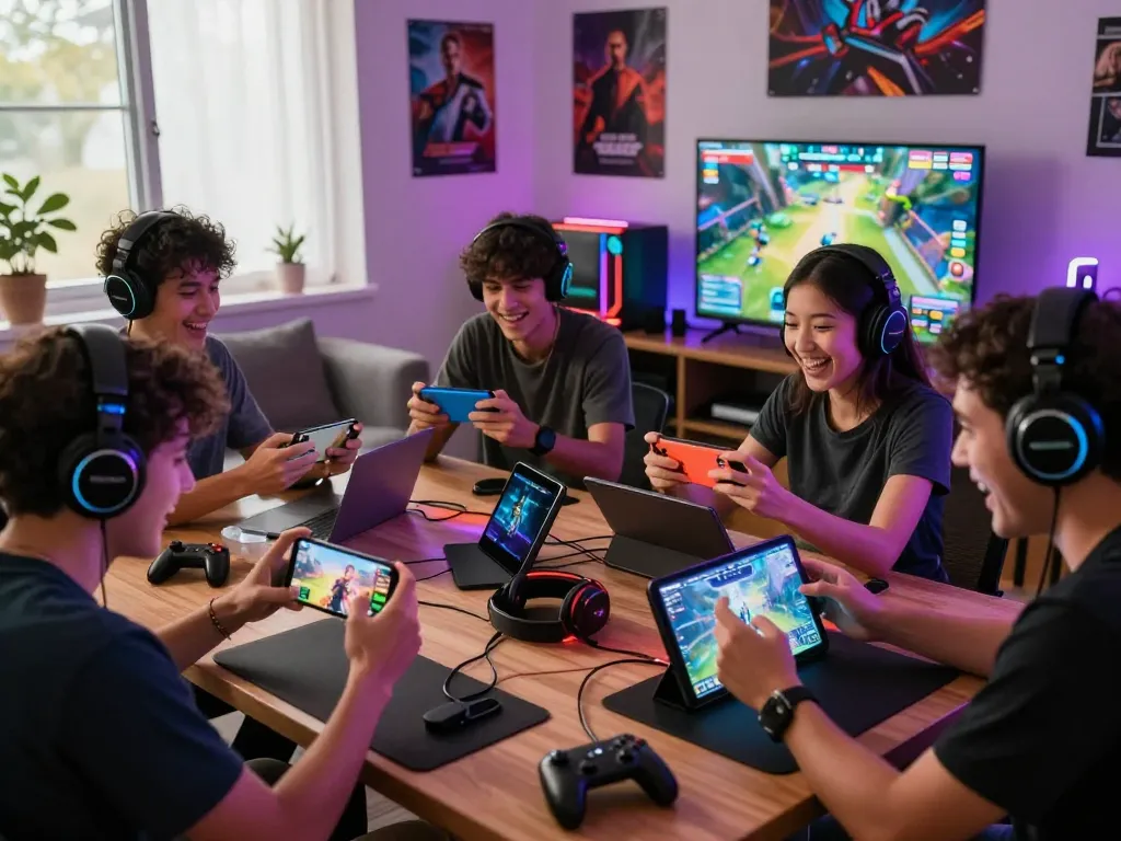 Engaged players enjoying autowin88 mobile gaming in a lively living room.