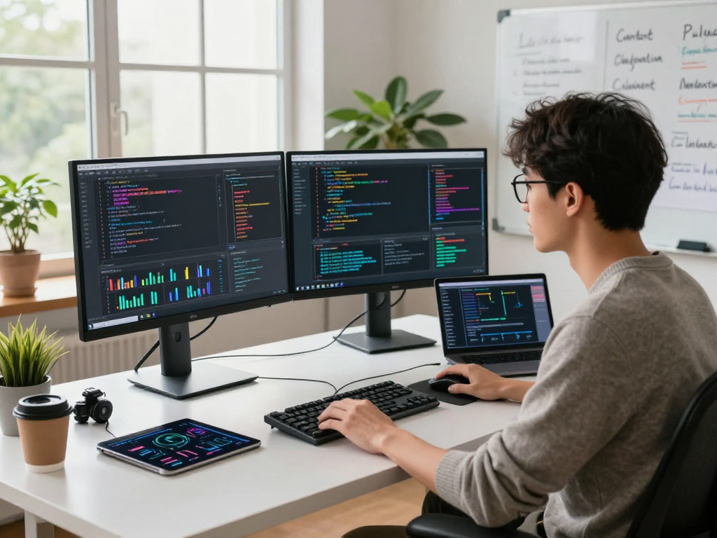 AI detector software development workspace with dual monitors, reflecting advanced content moderation analysis.