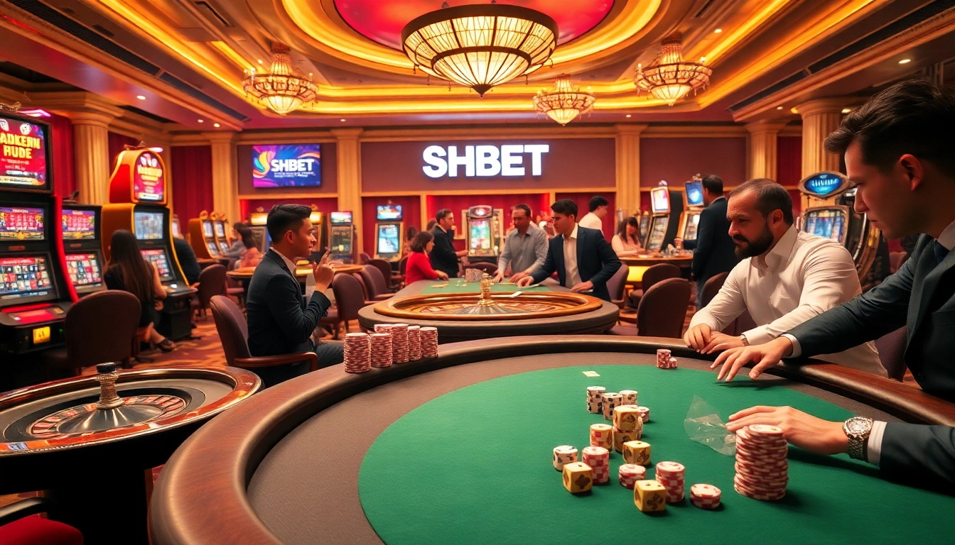 SHBET offers a luxurious casino experience with vibrant gaming tables and engaged players.