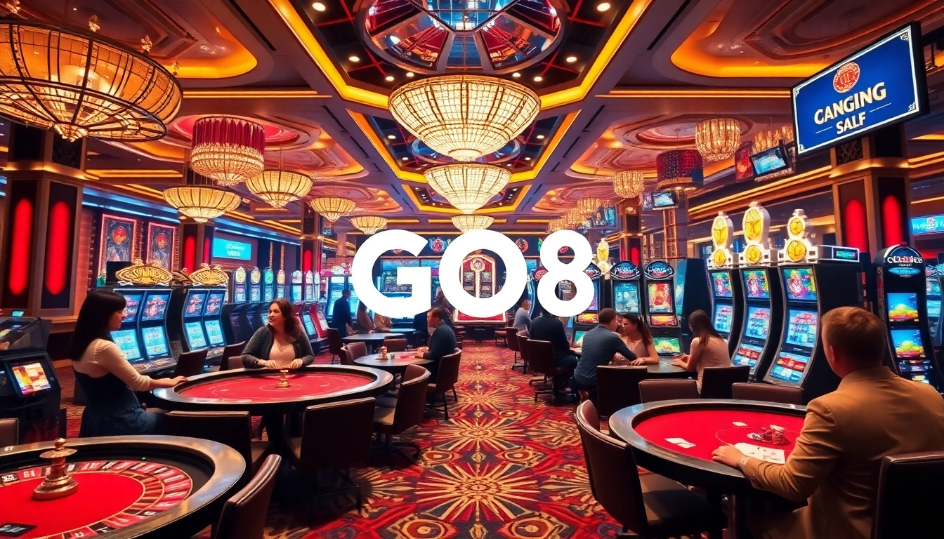 Exciting gameplay at the GO8 casino featuring players winning at poker tables and slot machines.
