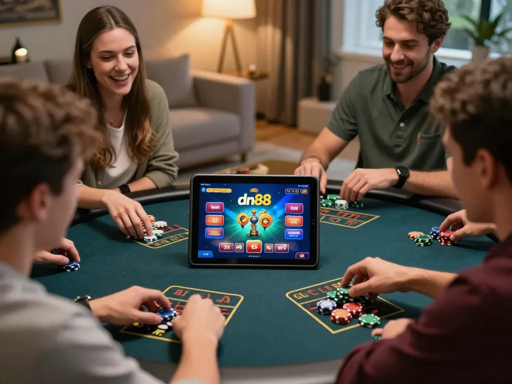 Players engage with the dn88 gaming app, showcasing a vibrant online casino experience at home.