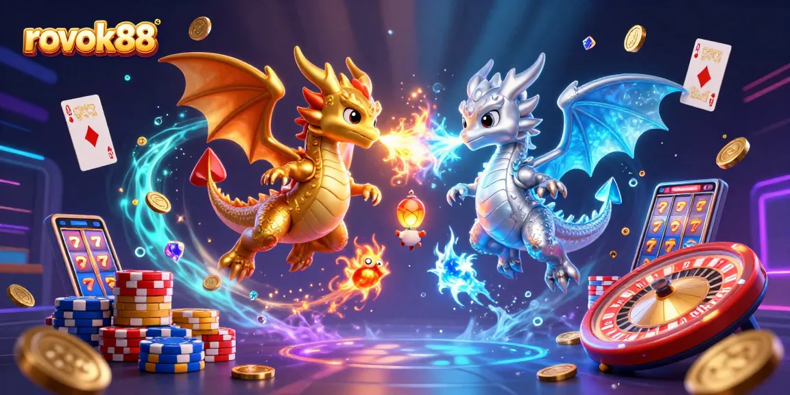 Experience the thrill at rokok88 with this vibrant gaming illustration showcasing dragons amidst a dazzling casino game scene.